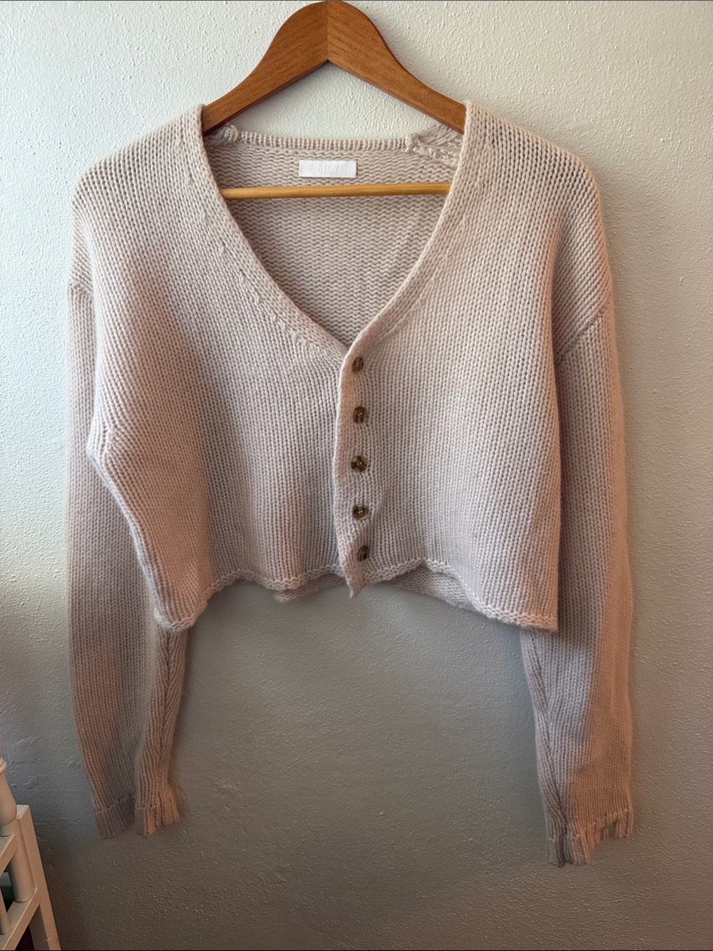 Sablyn Cropped V-Neck Button-Front Sweater in Pale Pink